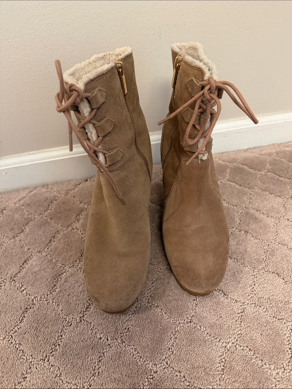 Michael Kors Tan Suede Lace-Up Shearling Ankle Boots